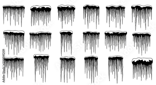 Collection of hand drawn style icicles with snow accents on top isolated on white background perfect for winter themed designs and seasonal decorations