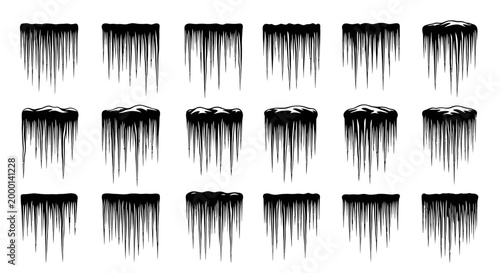 Collection of stylized black and white icicle illustrations in various shapes and sizes isolated on a clean white background perfect for winter themes and graphic design elements