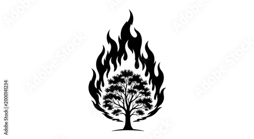 Symbolic silhouette of a tree engulfed in stylized flames representing destruction rebirth transformation and ecological crisis against a clean white background