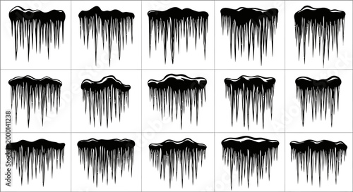 Collection of fifteen unique black ink brush stroke elements resembling icicles or dripping paint perfect for graphic design winter themes or abstract artistic compositions