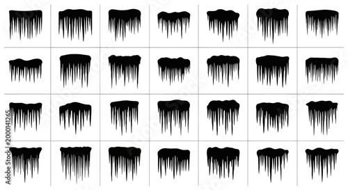 Collection of diverse black silhouette icicles in various shapes and sizes isolated on a clean white background representing winter frost and cold weather elements for graphic