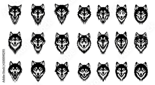 Collection of diverse stylized wolf head illustrations featuring fierce expressions and detailed fur textures presented in a bold black and white graphic design style