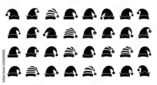 Collection of silhouettes of elf hats and striped sleep caps in various designs perfect for winter holidays christmas or fantasy themes presented in a clean grid layout on a white