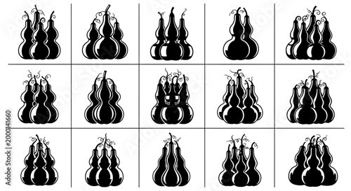 Collection of stylized black and white illustrations of gourds arranged in decorative clusters showcasing organic shapes and botanical details against a clean backdrop evoking