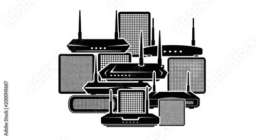 Collection of various wireless routers and wi fi extenders arranged in a modern abstract composition against a clean white background symbolizing digital connectivity and home