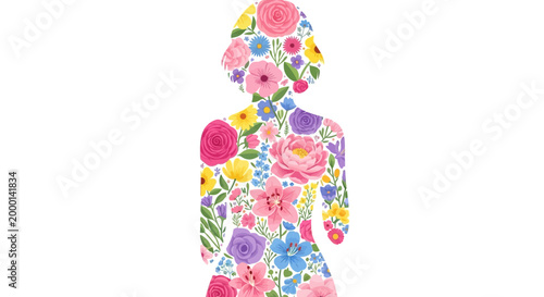 Woman Silhouette Filled With Vibrant Watercolor Flowers On White Background