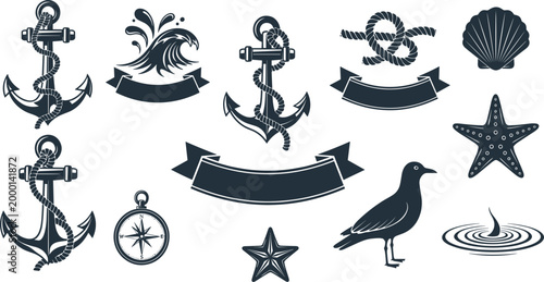 Nautical Marine Decorative Silhouette Elements Set Isolated on White Background