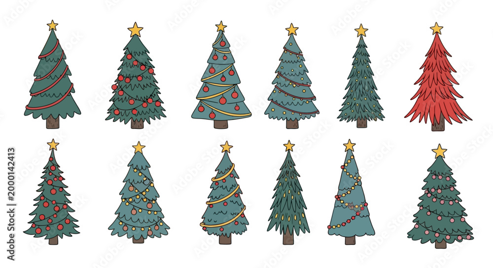 Obraz premium Collection of Cartoon Christmas Trees with Decorations - Festive Holiday Illustrations