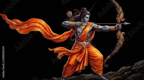 Epic Illustration of Lord Rama in Action Pose with Golden Bow