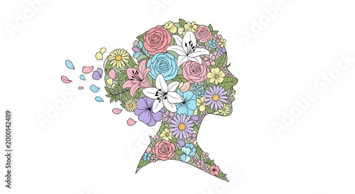 Woman's Silhouette Profile Filled with Colorful Flowers and Petals