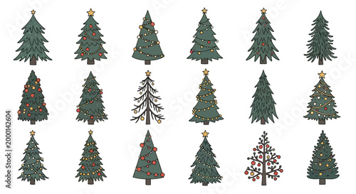 Collection of Decorated Christmas Trees, Festive Holiday Illustrations