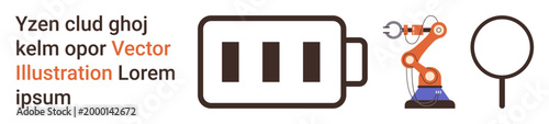 Industrial innovation, energy management, automation tools, technology analysis, manufacturing systems, robotics research. a battery icon, robotic arm and magnifying glass. Automation and energy