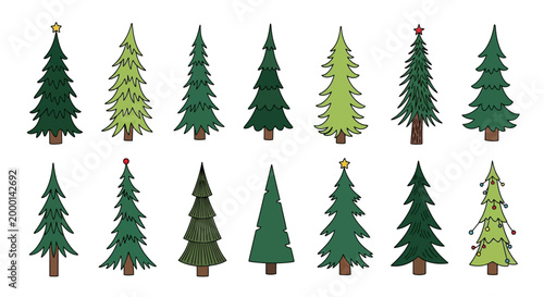 Collection of Diverse Christmas Trees, Festive Holiday Vector Illustrations