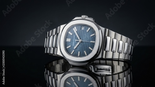 Luxury Men's Stainless Steel Wristwatch on Dark Reflective Surface