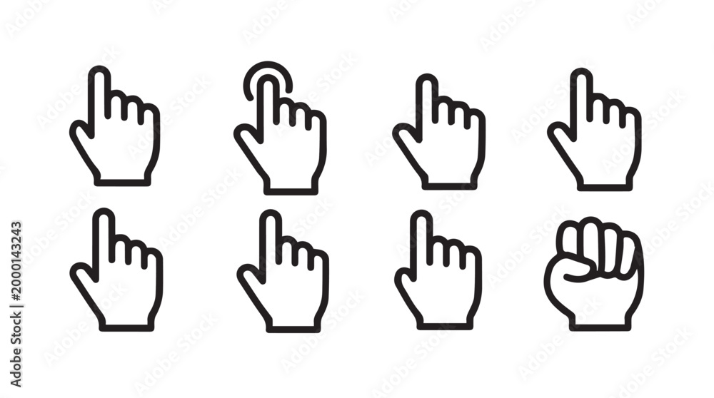 Obraz premium Collection of eight diverse hand cursor icons in a clean vector graphic style for digital interfaces