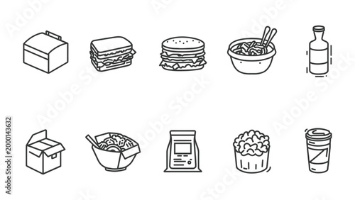 Takeaway Food Icons: A collection of stylized line art icons depicting various takeaway food items, including a sandwich, burger, noodle bowl, bottle, cup, and takeaway box, presented in a clean.