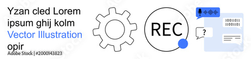 Audio technology, recording tools, transcription services, voice recognition, settings adjustments, digital assistance. Gear icon, recording symbol and speech-to-text elements. Audio technology