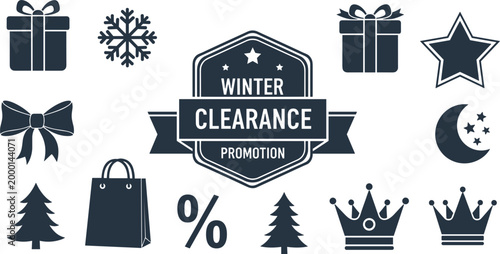 Winter Clearance Sale Promotion Silhouette Elements Set Isolated on White Background