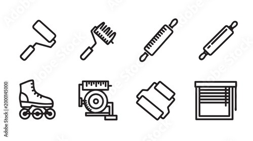 Collection of linear illustrations depicting household and recreational items