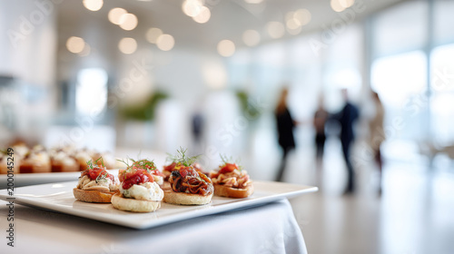 Gourmet appetizers served at a corporate event with blurred guests in the background. Elegant canapes and small bites are displayed on a white platter, ready for guests at a business function