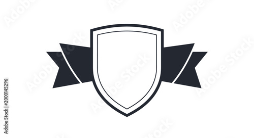 Symmetrical dark gray shield emblem featuring a blank ribbon banner across the middle for custom logo and badge designs.