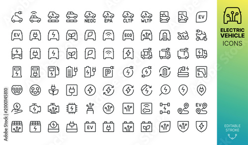 Electric Car Line Icons set. Electric Vehicle (EV), Truck, Bus, Motorbike, Smart E Car, Eco Transport, Charging Station, EV Battery Pack vector icon with editable stroke