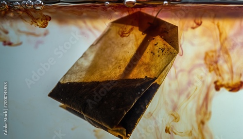Tea bag steeping in hot water, releasing color and flavor.