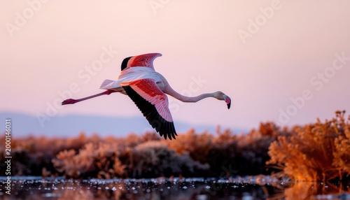 Flamingo in flight across the serene water surface during dreamy sunset landscape