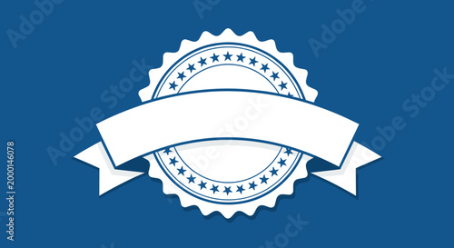 Round star-studded seal badge with a large blank white ribbon banner over a solid dark blue background for logo designs.
