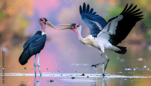 Dramatic encounter between two marabou storks in shallow water, showcasing natural behavior