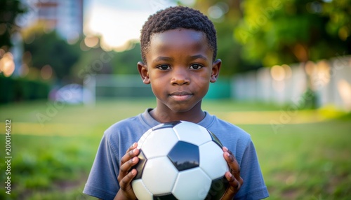 Young African Boy Holding Soccer Ball in Park.