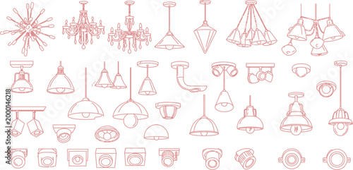 Collection of various laboratory equipment and glassware illustrations in pink and gray tones on white background