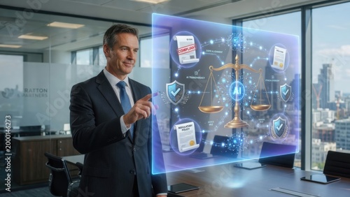 A businessman interacts with a holographic interface displaying AI governance, regulatory compliance, and ethical principles for corporate strategy and legal technology presentations.
