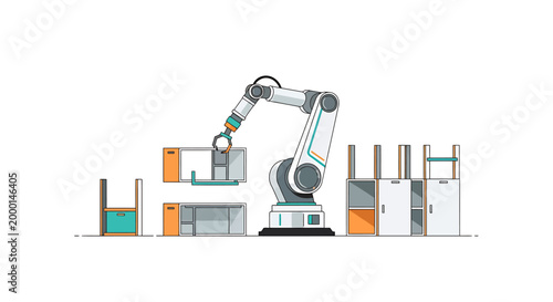 Robotic arm assembling components in an automated factory setting.