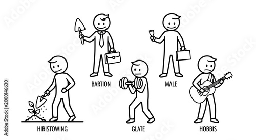 Daily Life Representation: A collection of stick figures, each personifies a different aspect of human daily life and roles. From gardening to music.