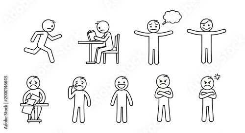 Emotional Spectrum: A collection of simple line art figures expressing a wide range of human feelings, from joy to anger.