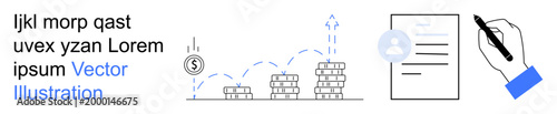 Financial planning, business management, digital identity, document processing, growth strategy, user authentication. Coins stacked with increasing height, document signing graphic. Financial
