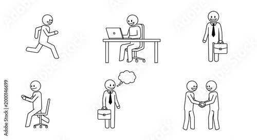 Daily Life's Pictogram Series: A minimalistic collection of everyday scenarios: running, working, contemplating, communicating, and collaborating, capturing daily actions in concise symbols.