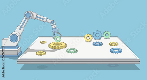Robotic Arm Assembling Gears on a White Surface.