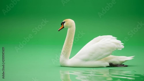 White swan on green water surface.