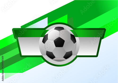Soccer ball on green geometric background with scoreboard banner, vector illustration