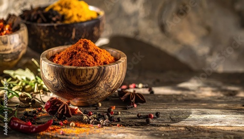 Assortment of Spices in Wooden Bowls on Rustic Table.