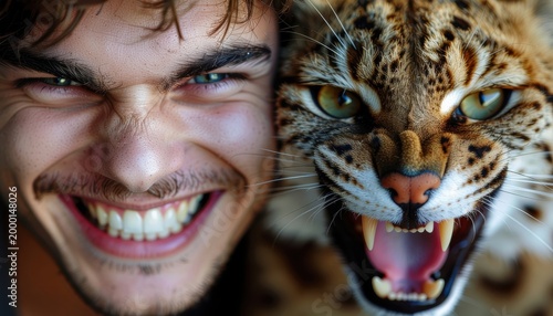 Man and Bobcat Close-up Portrait with Aggressive Bobcat Roar.