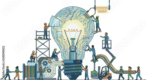 Creative team building a large light bulb with circuit patterns