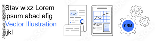 Business strategy, data analysis, marketing, CRM tools, productivity, reports. Documents with graphs and gear with CRM text. Business strategy and data analysis concept