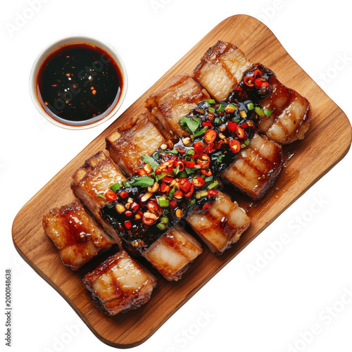 Top view of Crispy pork belly or deep fried pork on wooden board with black soy sauce with red chili and spicy seafood [Transparent Background PNG].