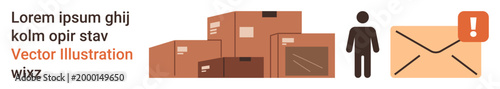 E-commerce, shipping, logistics, delivery management, order tracking, customer service. Cardboard boxes, human figure envelope with alert sign. E-commerce and shipping concept