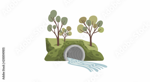 Trees and a culvert with water flowing out into the open
