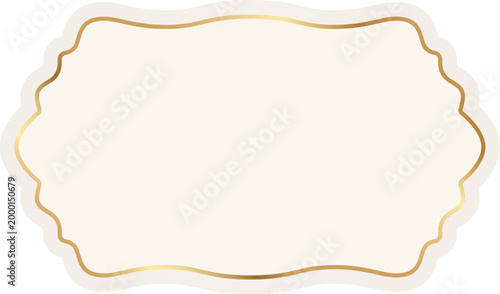 Ornamental decorative badge with golden border. Luxury vintage frame, retro label, classic wedding insignia, sale sticker, beige invitation card. Vector illustration