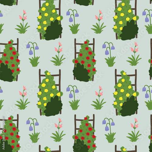Print. Seamless garden pattern with climbing roses on trellis and flowers. Soft organic shapes and a fresh green color palette complemented by red, yellow, pink, and purple accents.
